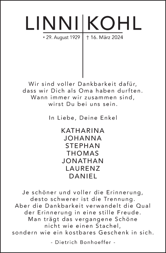 Traueranzeige von Linni Kohl von FZ