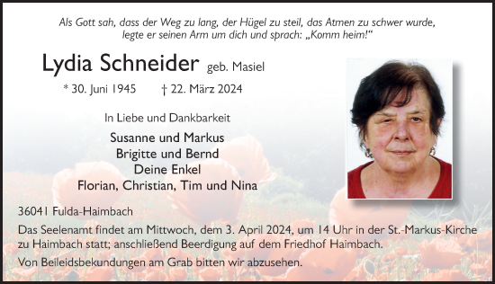 Traueranzeige von Lydia Schneider von FZ