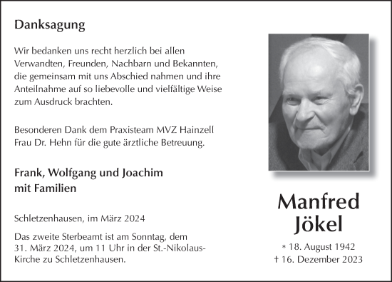 Traueranzeige von Manfred Jökel von FZ