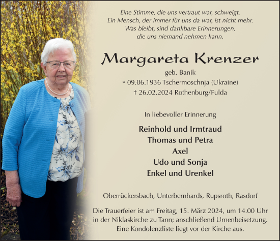 Traueranzeige von Margareta Krenzer von FZ