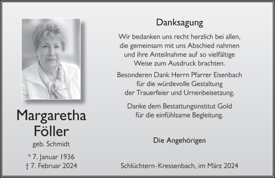 Traueranzeige von Margaretha Föller von FZ