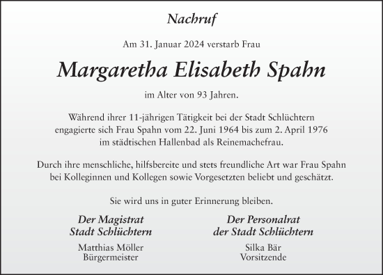 Traueranzeige von Margaretha Spahn von FZ