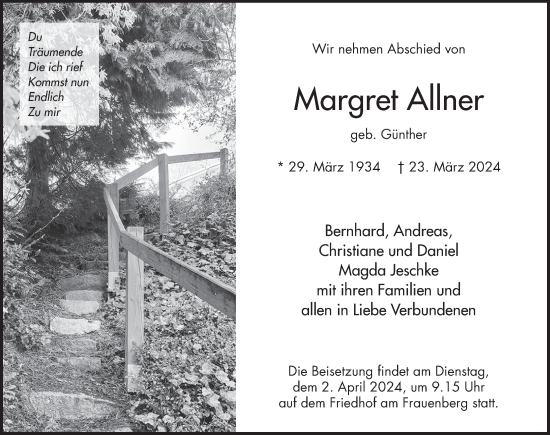 Traueranzeige von Margret Allner von FZ