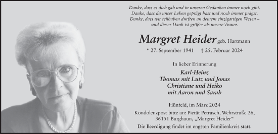 Traueranzeige von Margret Heider von FZ