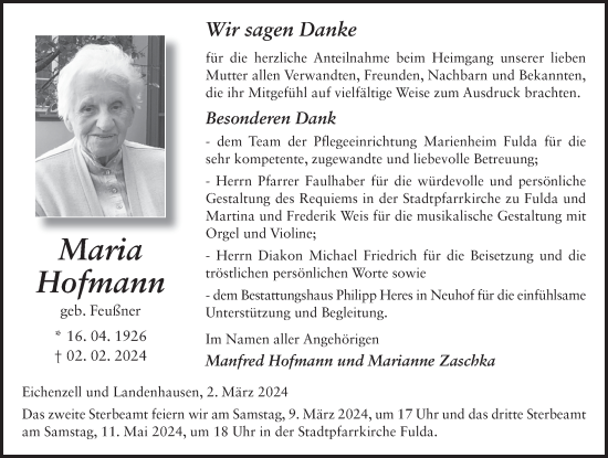 Traueranzeige von Maria Hofmann von FZ