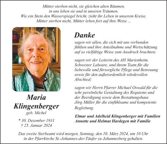 Traueranzeige von Maria Klingenberger von FZ