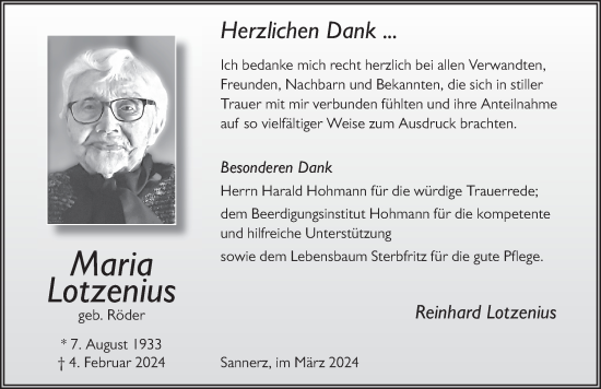 Traueranzeige von Maria Lotzenius von FZ