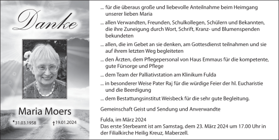 Traueranzeige von Maria Moers von FZ