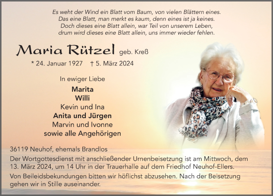 Traueranzeige von Maria Rützel von FZ