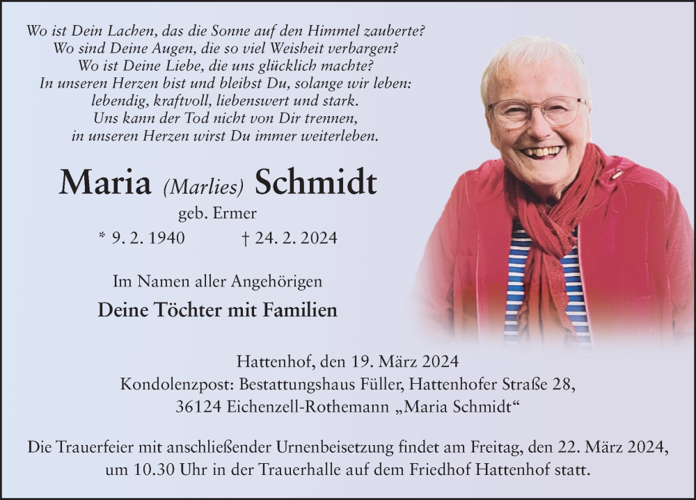  Traueranzeige für Maria Schmidt vom 19.03.2024 aus FZ