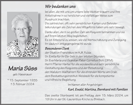 Traueranzeige von Maria Süss von FZ