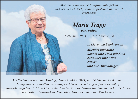 Traueranzeige von Maria Trapp von FZ