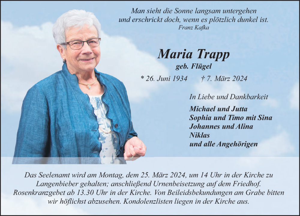  Traueranzeige für Maria Trapp vom 16.03.2024 aus FZ