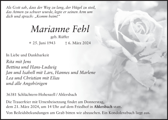 Traueranzeige von Marianne Fehl von FZ
