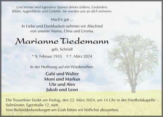 Traueranzeige von Marianne Tiedemann von FZ