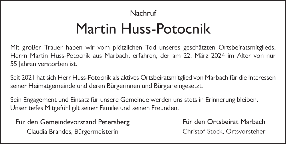  Traueranzeige für Martin Huss-Potocnik vom 26.03.2024 aus FZ