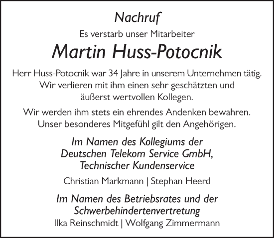 Traueranzeige von Martin Huss-Potocnik von FZ