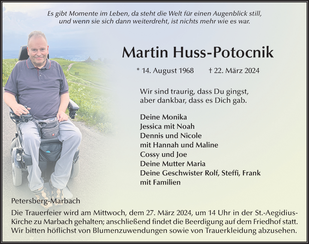  Traueranzeige für Martin Huss-Potocnik vom 26.03.2024 aus FZ