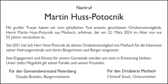 Traueranzeige von Martin Huss-Potocnik von FZ