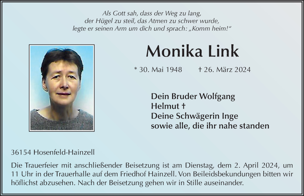 Traueranzeige für Monika Link vom 30.03.2024 aus FZ