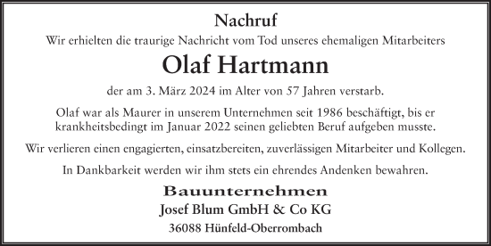 Traueranzeige von Olaf Hartmann von FZ