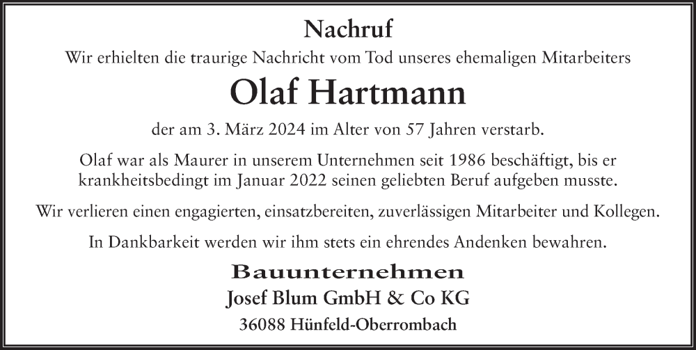 Traueranzeige für Olaf Hartmann vom 09.03.2024 aus FZ