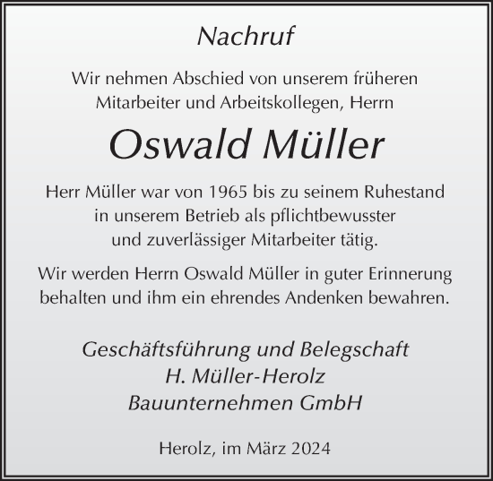 Traueranzeige von Oswald Müller von FZ