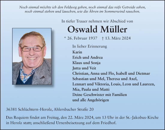 Traueranzeige von Oswald Müller von FZ