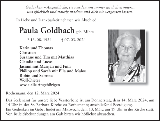 Traueranzeige von Paula Goldbach von FZ