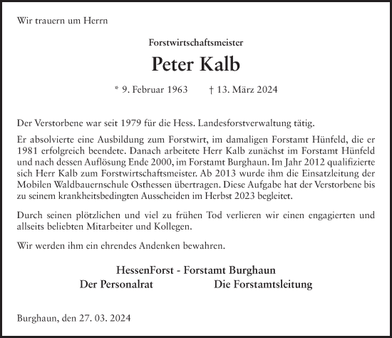 Traueranzeige von Peter Kalb von FZ