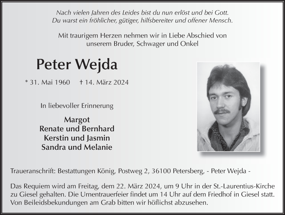  Traueranzeige für Peter Wejda vom 19.03.2024 aus FZ
