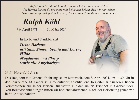 Traueranzeige von Ralph Köhl von FZ