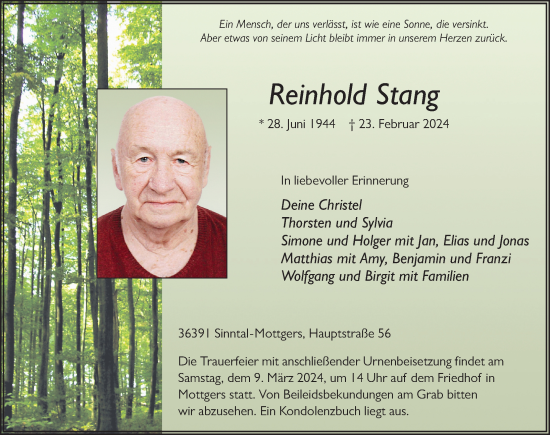Traueranzeige von Reinhold Stang von FZ