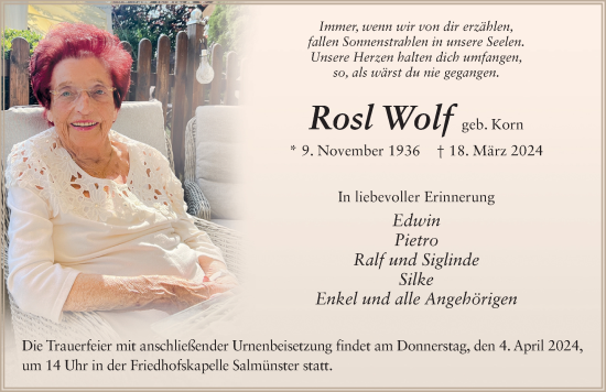 Traueranzeige von Rosl Wolf von FZ