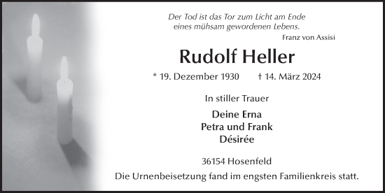 Traueranzeige von Rudolf Heller von FZ