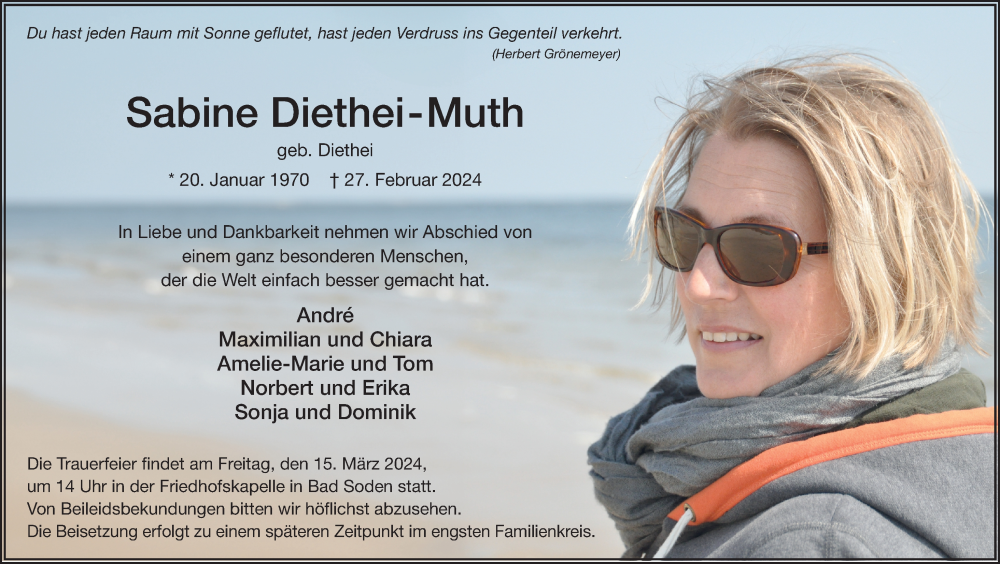  Traueranzeige für Sabine Diethei-Muth vom 09.03.2024 aus FZ