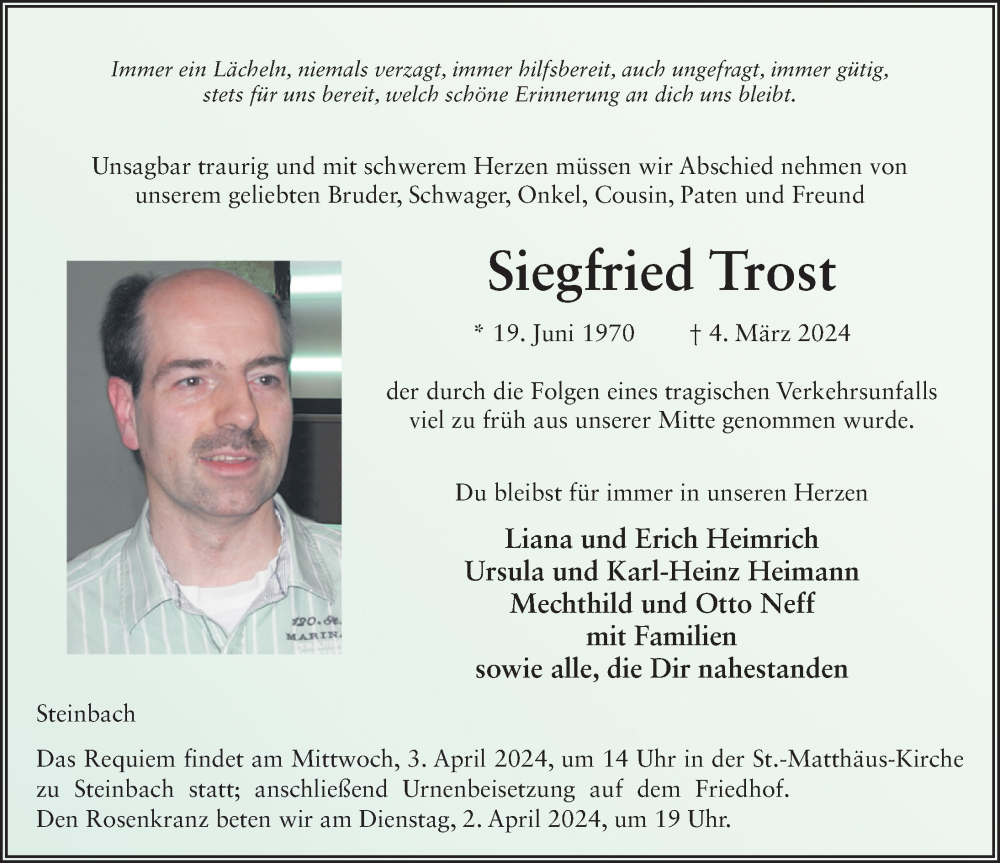  Traueranzeige für Siegfried Trost vom 26.03.2024 aus FZ