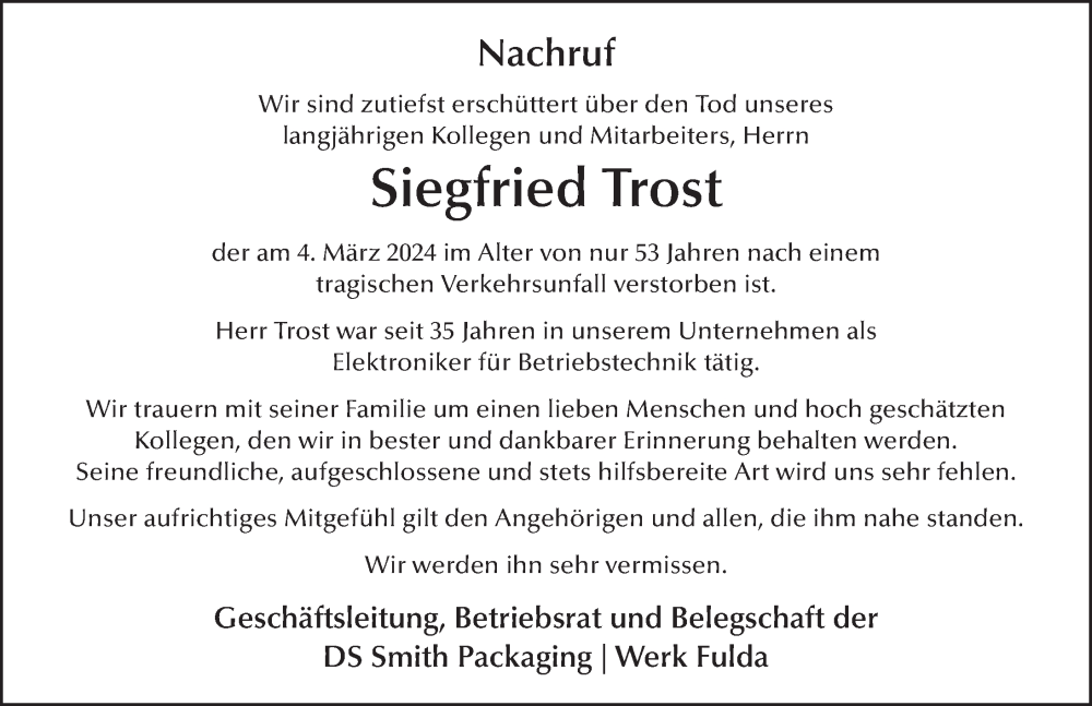  Traueranzeige für Siegfried Trost vom 26.03.2024 aus FZ