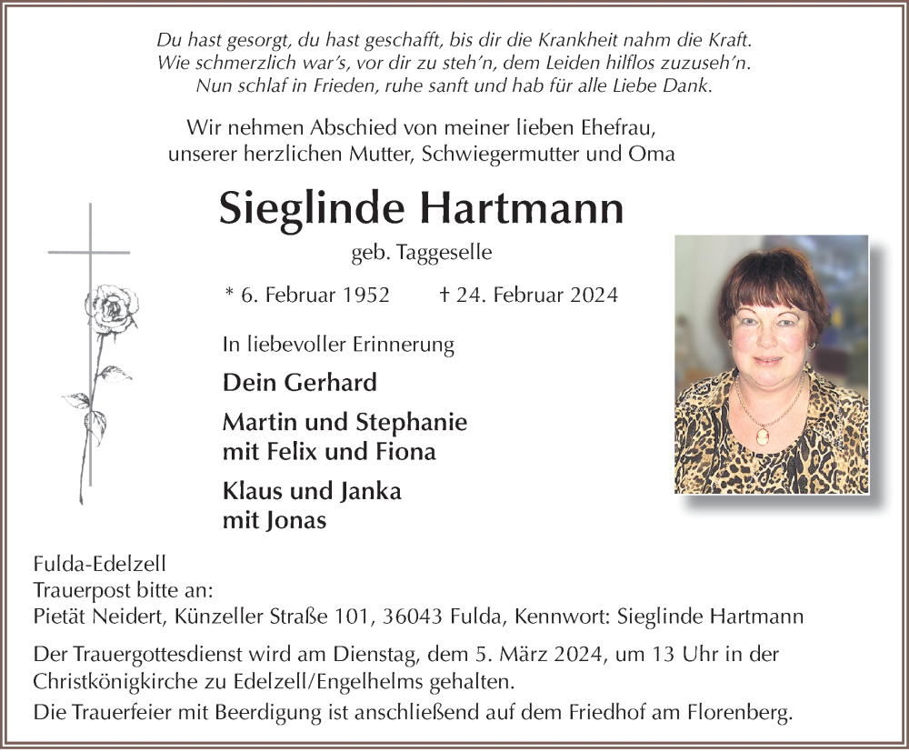  Traueranzeige für Sieglinde Hartmann vom 01.03.2024 aus FZ