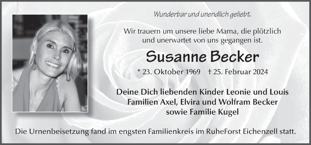  Traueranzeige für Susanne Becker vom 26.03.2024 aus FZ