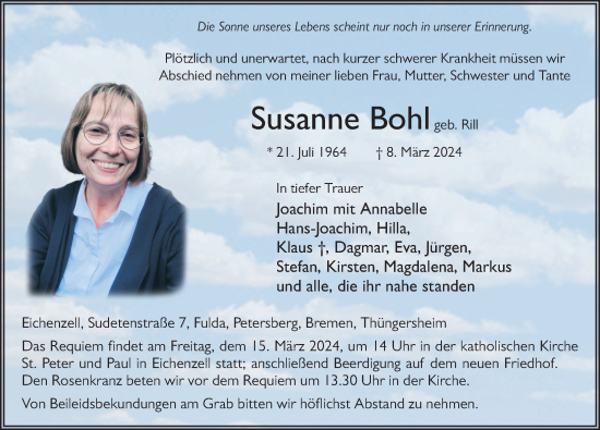 Traueranzeige von Susanne Bohl von FZ