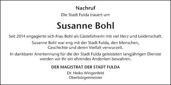 Traueranzeige von Susanne Bohl von FZ