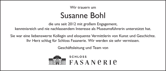 Traueranzeige von Susanne Bohl von FZ