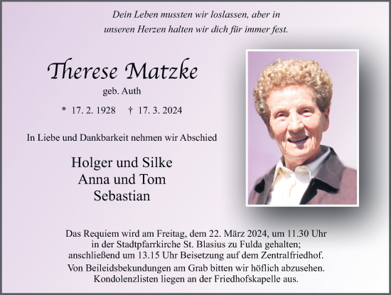 Traueranzeige von Therese Matzke von FZ