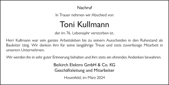 Traueranzeige von Toni Kullmann von FZ