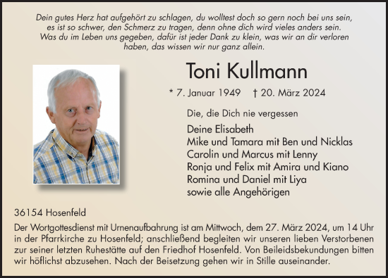 Traueranzeige von Toni Kullmann von FZ