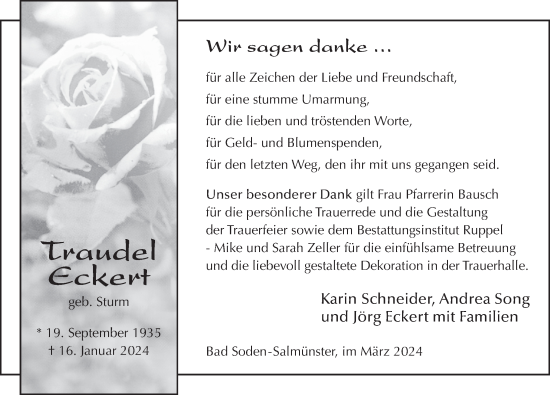 Traueranzeige von Traudel Eckert von FZ
