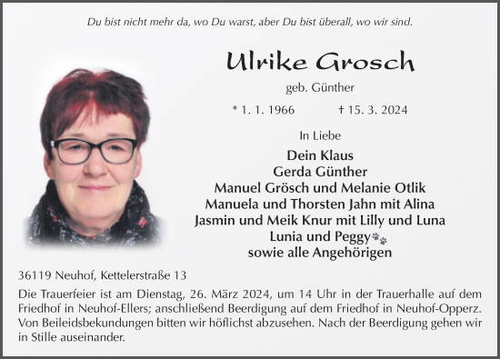 Traueranzeige von Ulrike Grosch von FZ