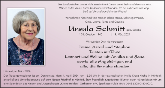 Traueranzeige von Ursula Schmitt von FZ