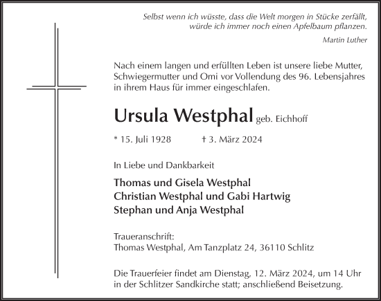 Traueranzeige von Ursula Westphal von FZ
